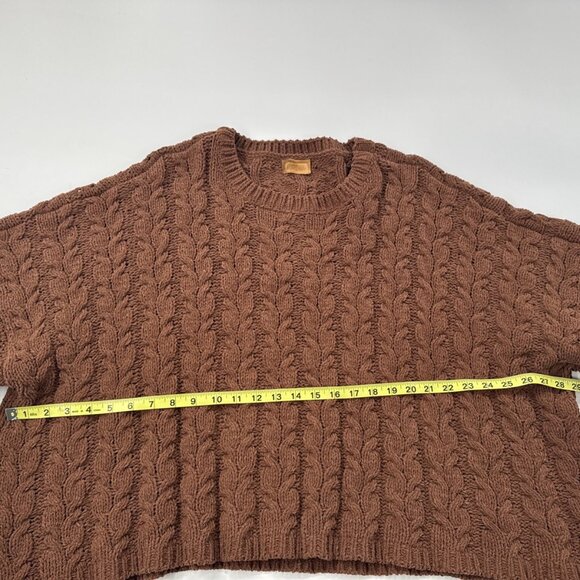 POL Chunky Sweater Womens Large Brown Cropped Cable Cuff Sleeve Knit Soft Boho - Picture 3 of 8
